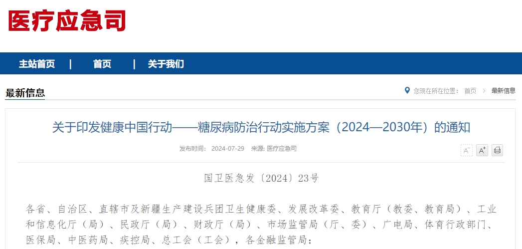 关于印发健康中国行动——糖尿病防治行动实施方案（2024—2030年）的通知